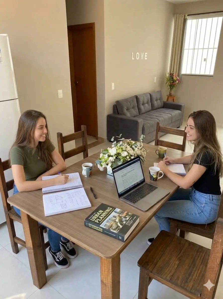 Moradoras na área comum do apartamento feminino da HyHaus